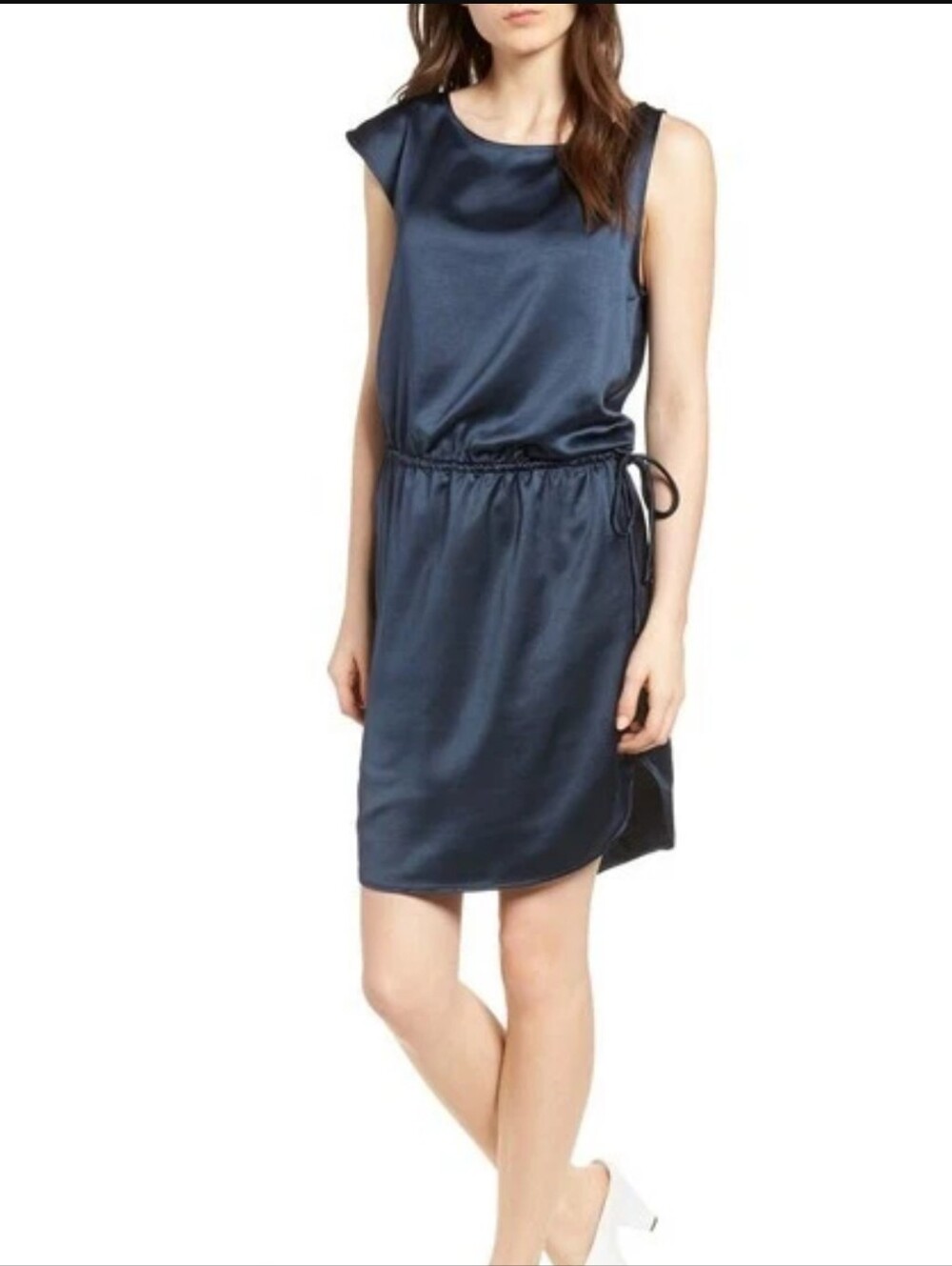 Trouve Asymmetrical Modern Satin Shift Dress Navy Size Medium